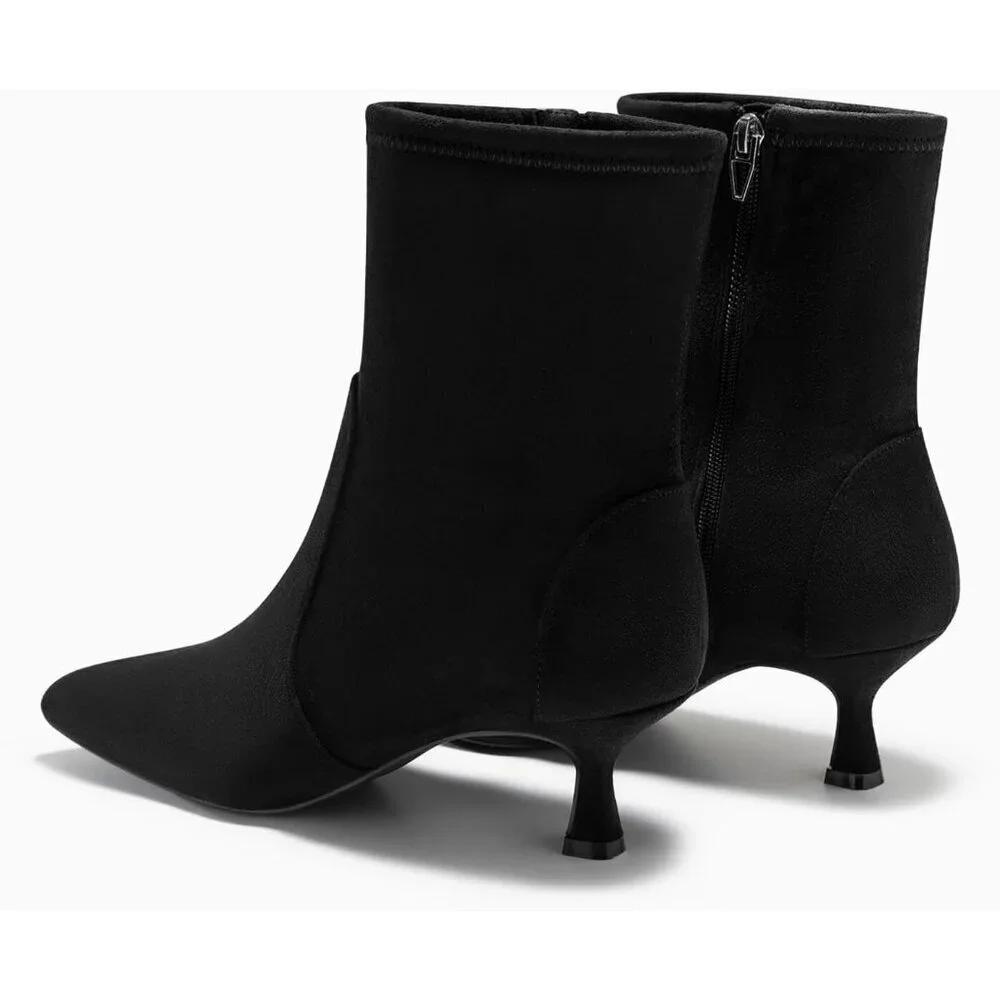 Women's Black Low Kitten Heel Ankle Shoes Pointed Toe Side Zipper Fall Booties